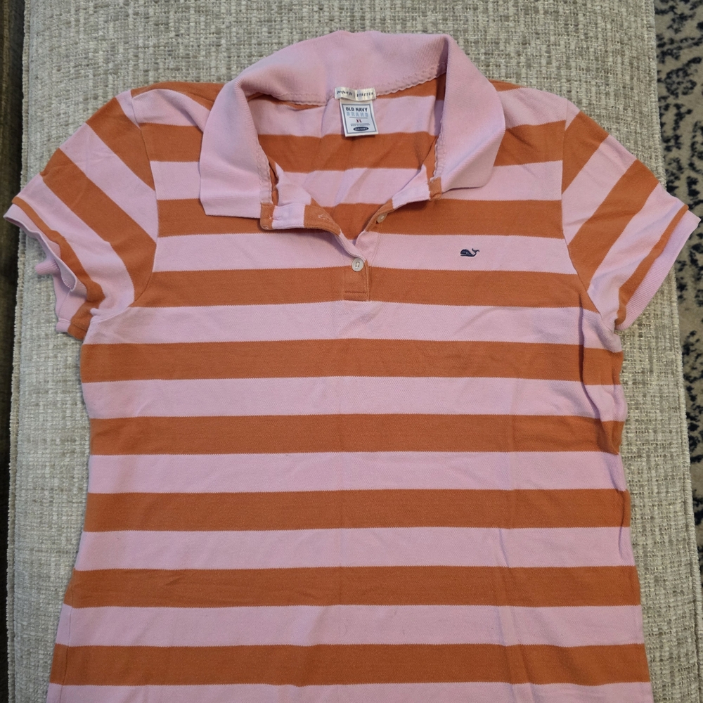 Vintage Y2K Old Navy Pink and Orange Striped Polo Shirt